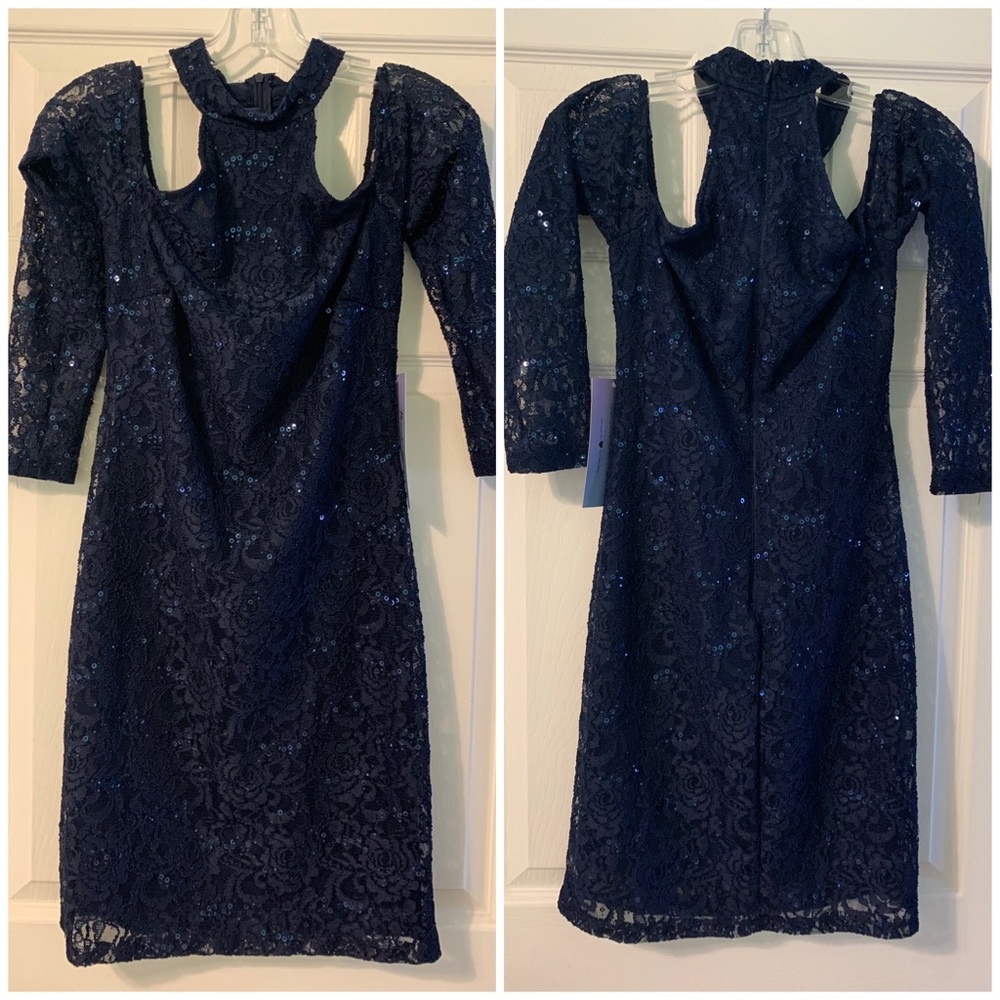 Navy Sequined Cold Shoulder Dress